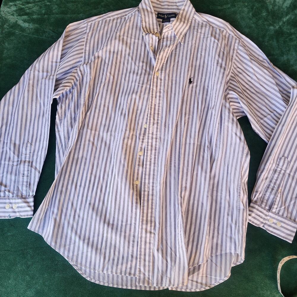 Ralph Lauren Yarmouth Striped Cotton Button Up Shirt Blue White Long Sleeve 17